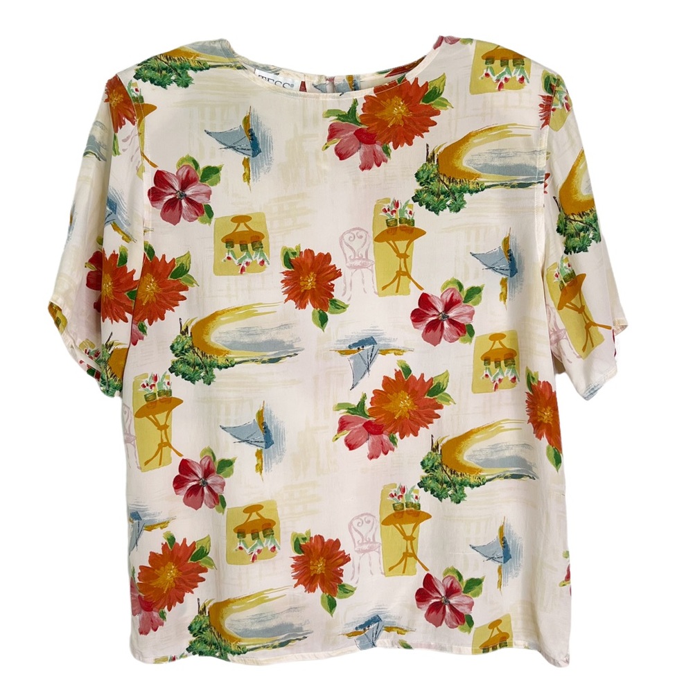 Vintage Tess 100% Silk Tropical Print Short Sleeve Blouse Women’s Sz L